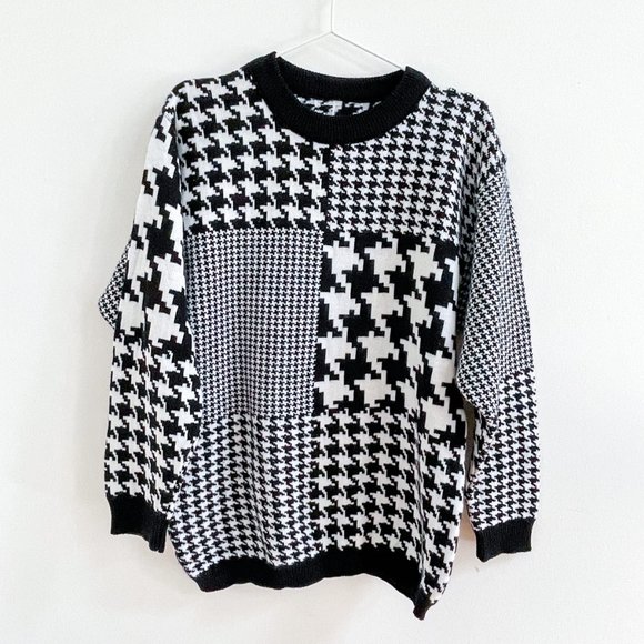 Unknown Houndstooth Pied-de-poule Black & White Long Fall Sweater Vintage Sz L - Picture 1 of 5